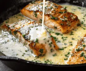Creamy garlic butter salmon fillet served with lemon and herbs on a white plate, showcasing a delicious and flavorful seafood dish.