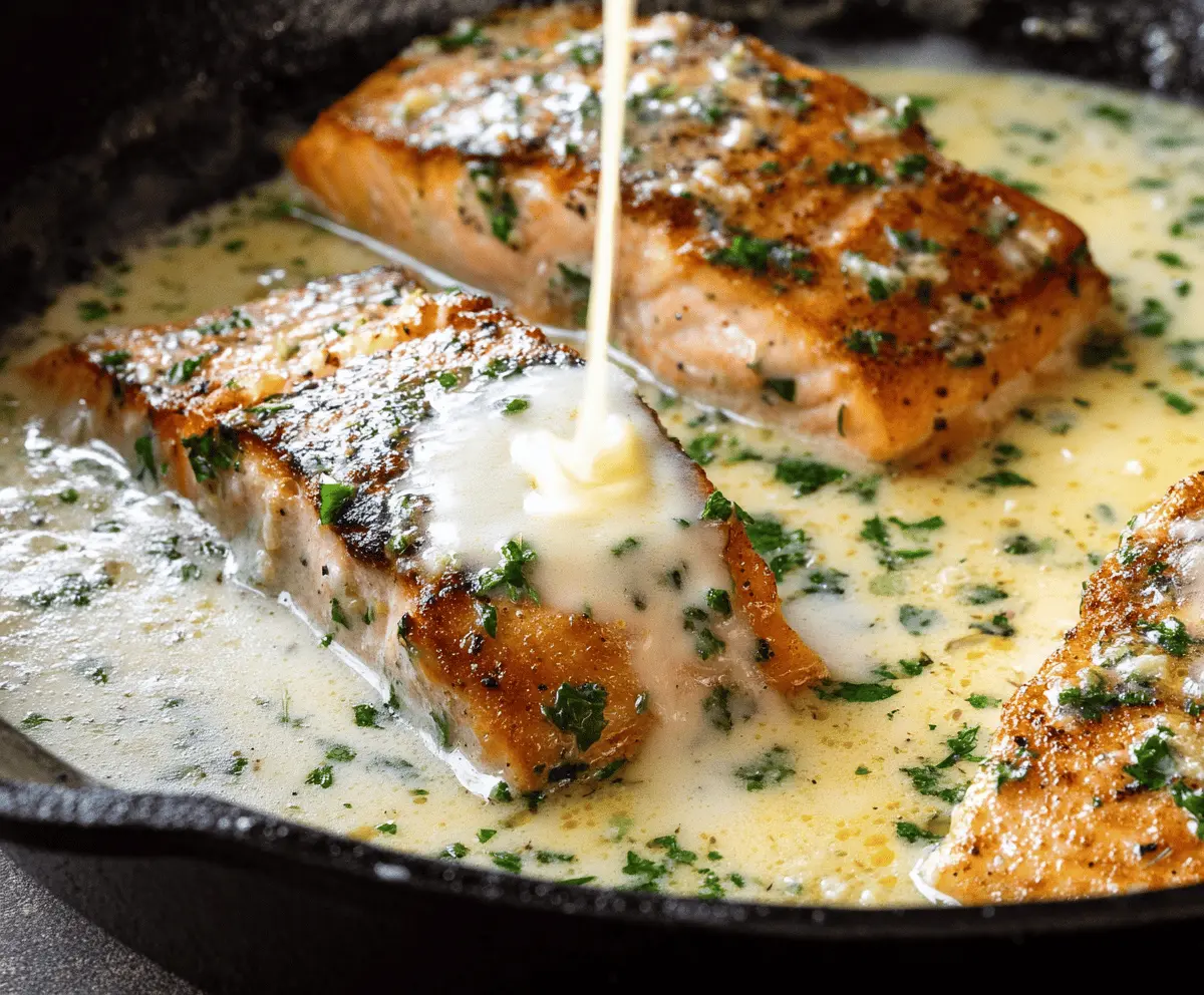 Creamy garlic butter salmon fillet served with lemon and herbs on a white plate, showcasing a delicious and flavorful seafood dish.