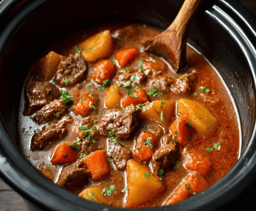 Delicious homemade crockpot beef stew with tender beef chunks, carrots, potatoes, and vegetables simmering in savory broth