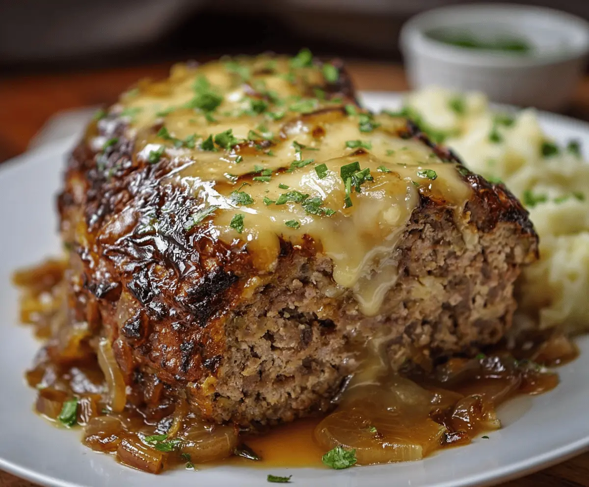Crockpot French Onion Meatloaf topped with melted Swiss cheese, served with caramelized onions and fresh herbs, delicious and hearty dinner option