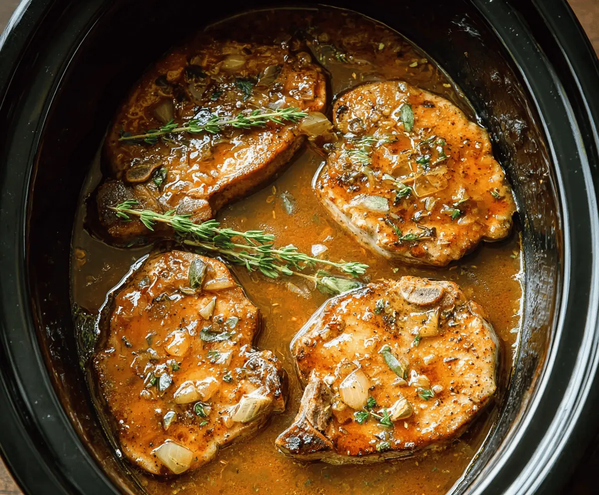 Juicy tender crockpot pork chops cooked with herbs and vegetables in a flavorful sauce