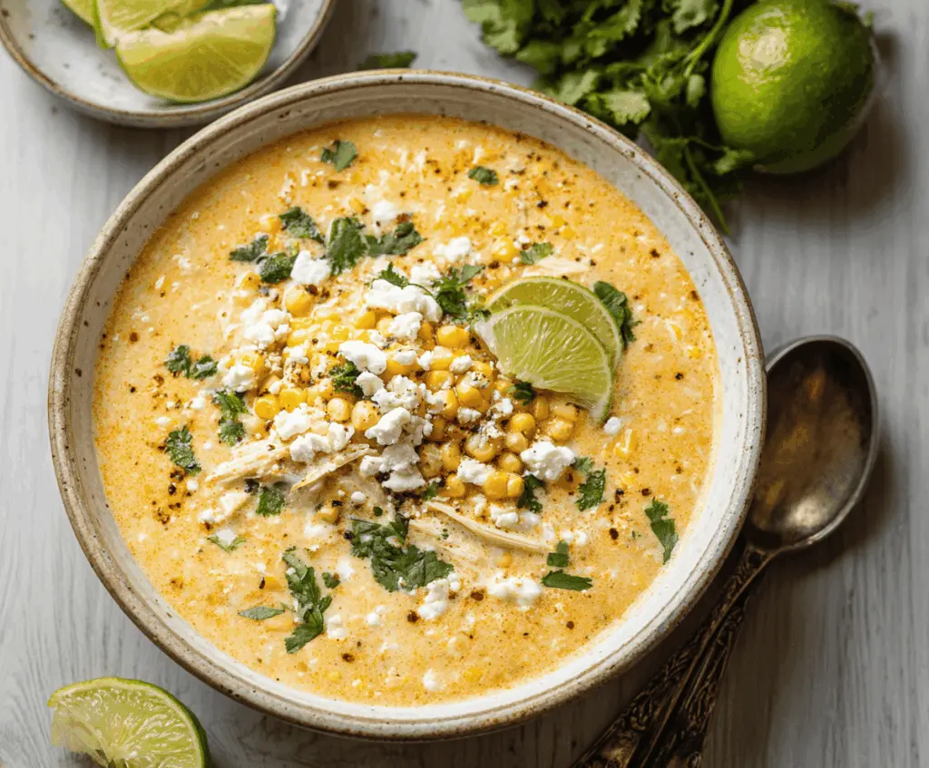 Creamy Elote Corn Soup served in a bowl with fresh cilantro and lime wedges, featuring vibrant yellow corn and smoky seasoning.