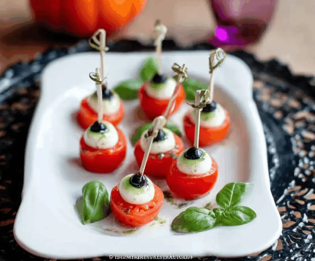 Colorful Eyeball Caprese Skewers with cherry tomatoes, fresh mozzarella, basil, and olive eyes, perfect for Halloween-themed appetizers
