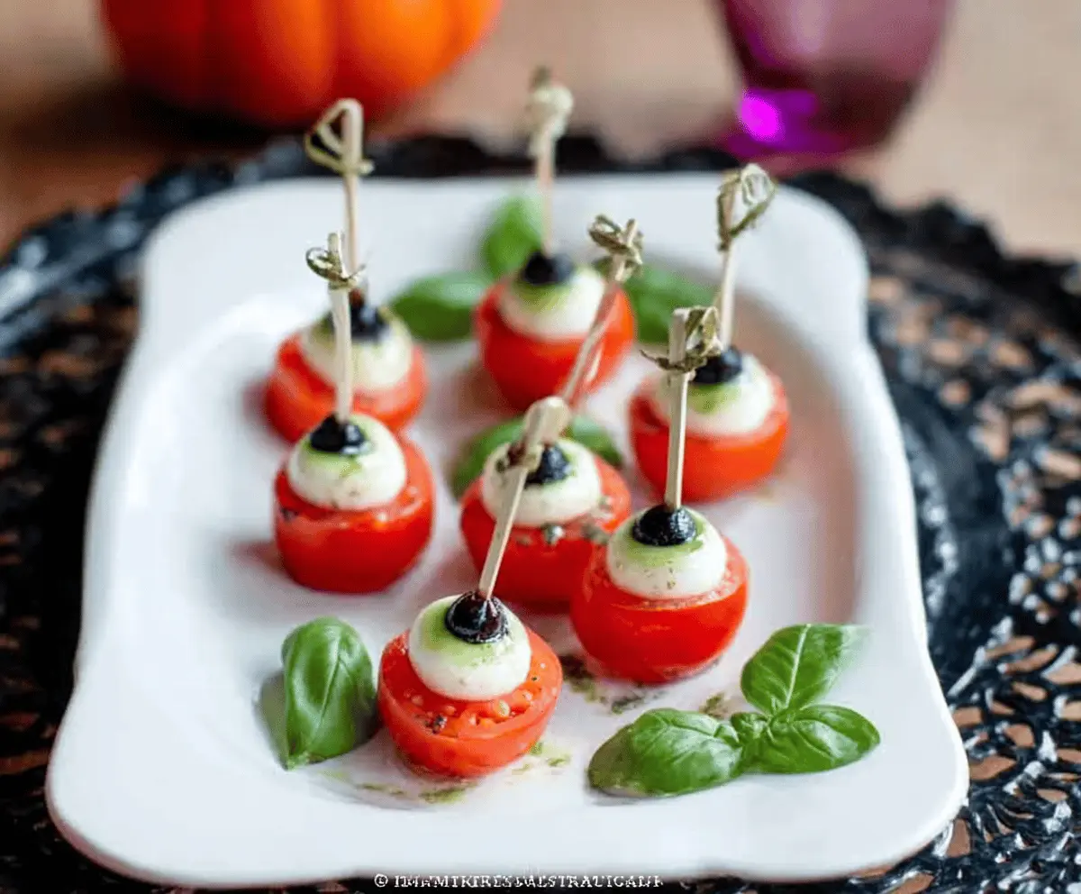 Colorful Eyeball Caprese Skewers with cherry tomatoes, fresh mozzarella, basil, and olive eyes, perfect for Halloween-themed appetizers