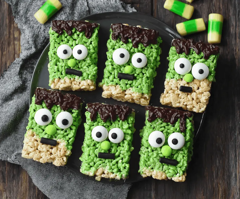 Colorful Frankenstein Rice Krispie Treats decorated with green, black, and orange candies, perfect for Halloween parties