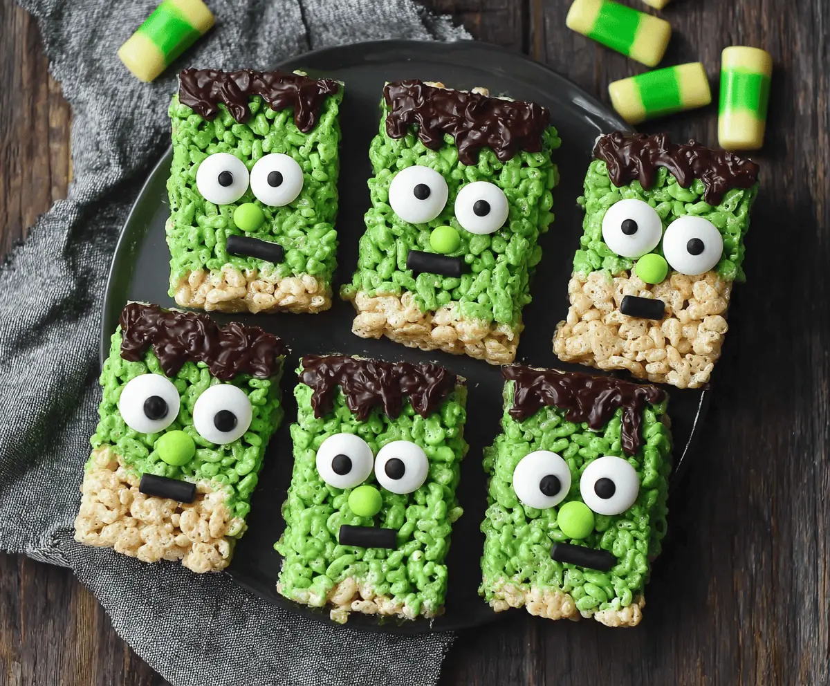 Colorful Frankenstein Rice Krispie Treats decorated with green, black, and orange candies, perfect for Halloween parties
