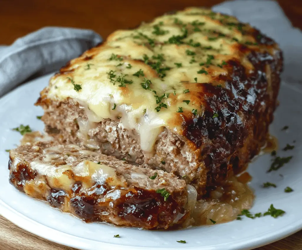 Delicious French Onion Meatloaf garnished with caramelized onions and fresh herbs.