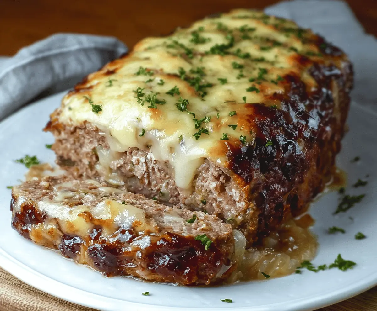 Delicious French Onion Meatloaf garnished with caramelized onions and fresh herbs.