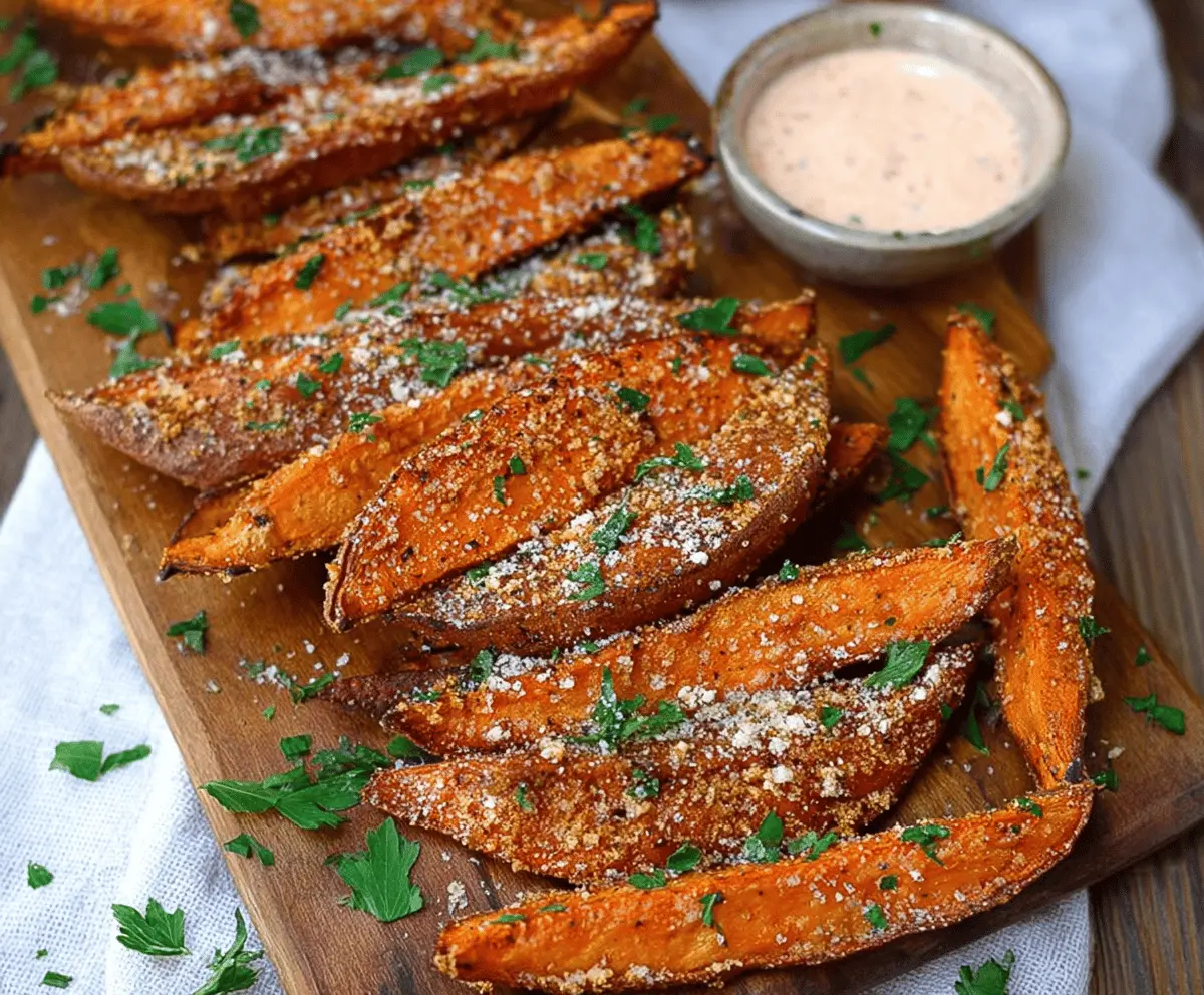 Delicious garlic Parmesan sweet potato wedges served on a plate, garnished with fresh herbs, perfect for a flavorful healthy snack or side dish.
