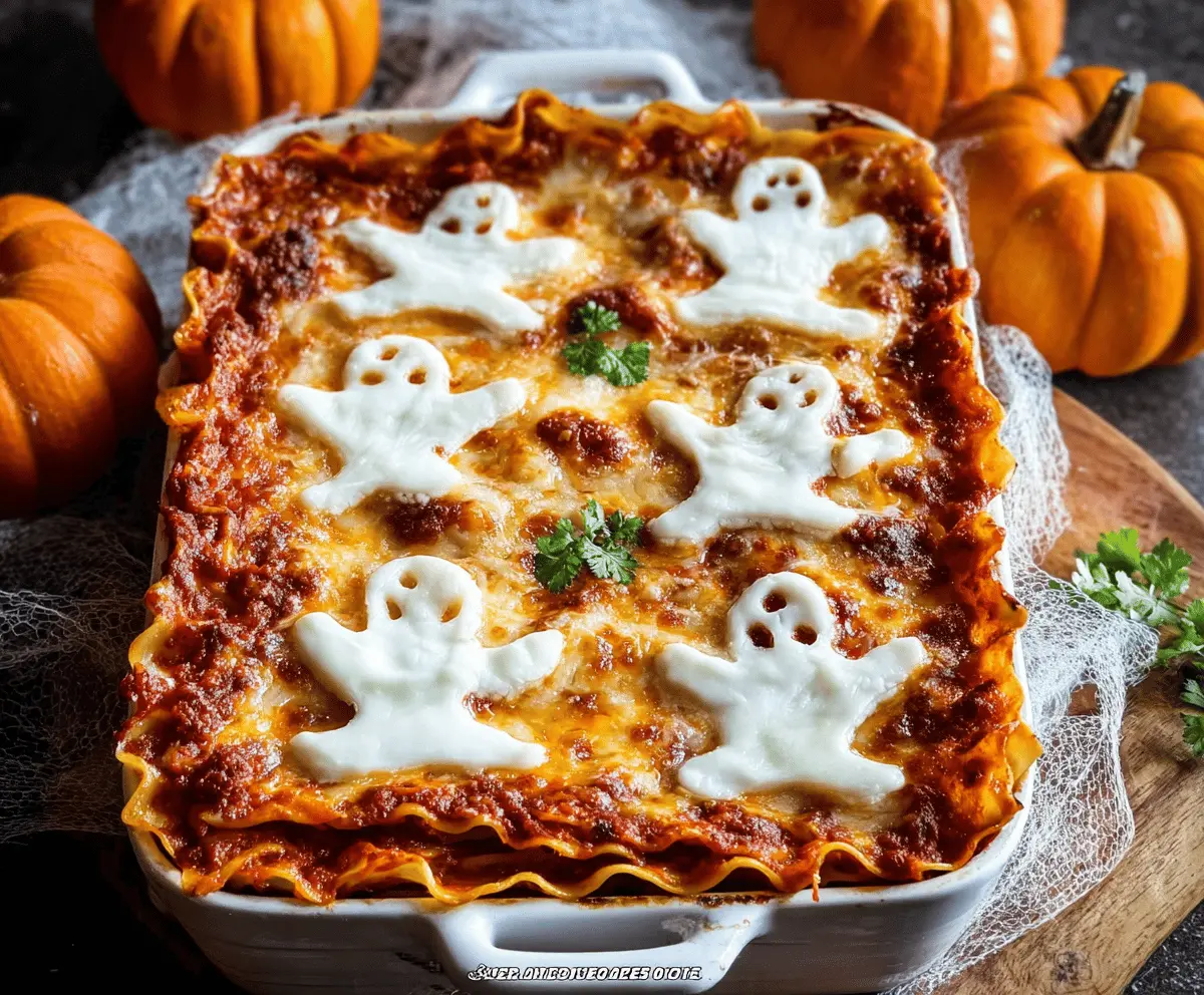 A spooky-themed Ghostly Lasagna with ghost-shaped pasta and cheesy layers, perfect for Halloween dinner.