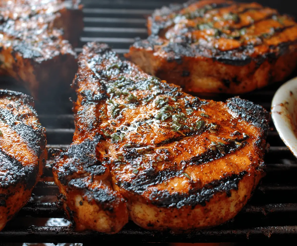 Juicy grilled pork chops with grill marks served on a plate, perfect for a flavorful summer barbecue.