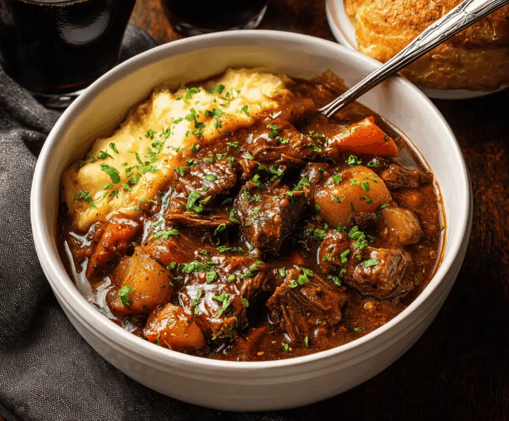 Hearty Guinness Beef Stew with tender beef chunks, vegetables, and rich gravy served in a rustic bowl.