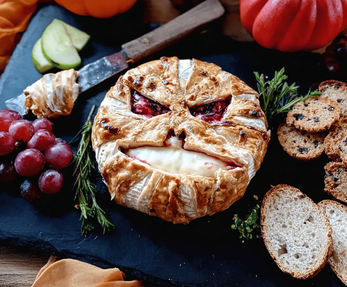 Creamy baked brie cheese decorated for Halloween with spooky toppings, perfect for a festive appetizer.