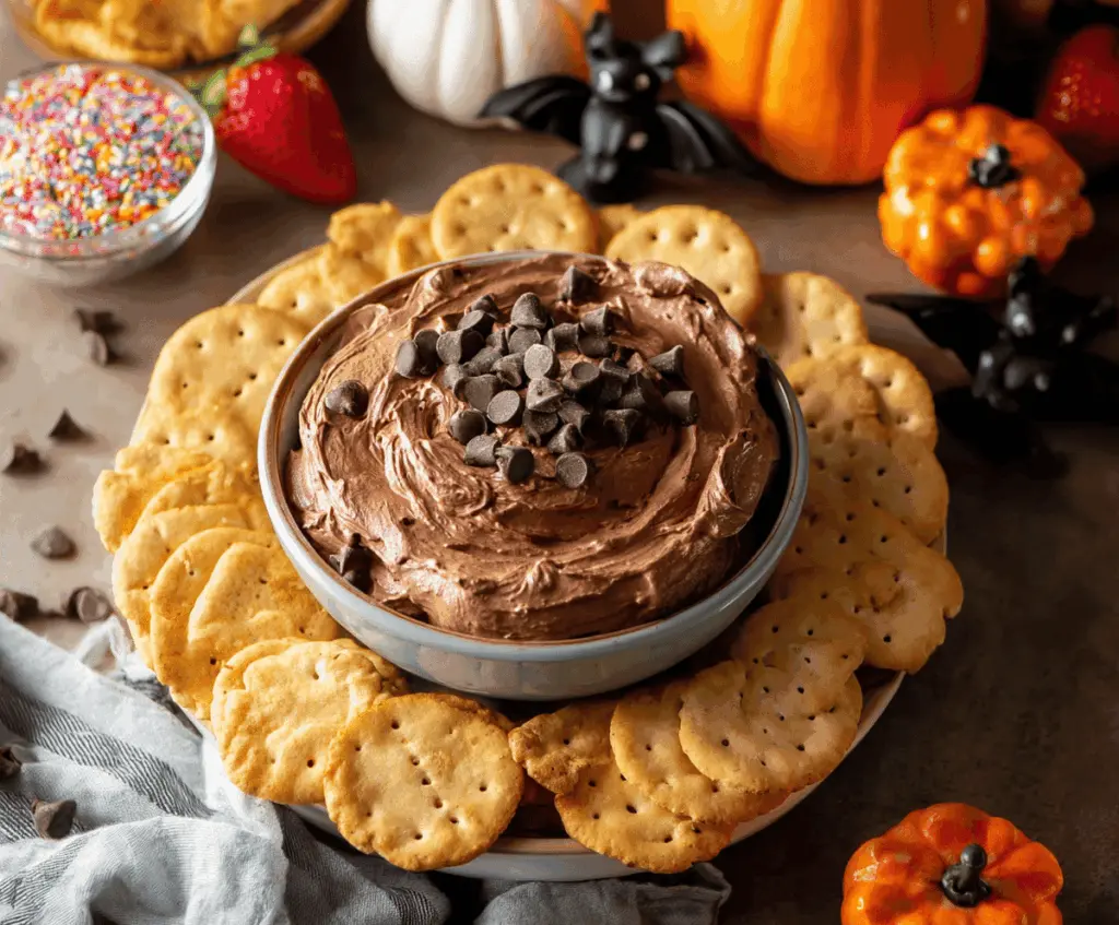 Creamy Halloween Brownie Batter Dip with spooky decorations, perfect for Halloween parties and treats