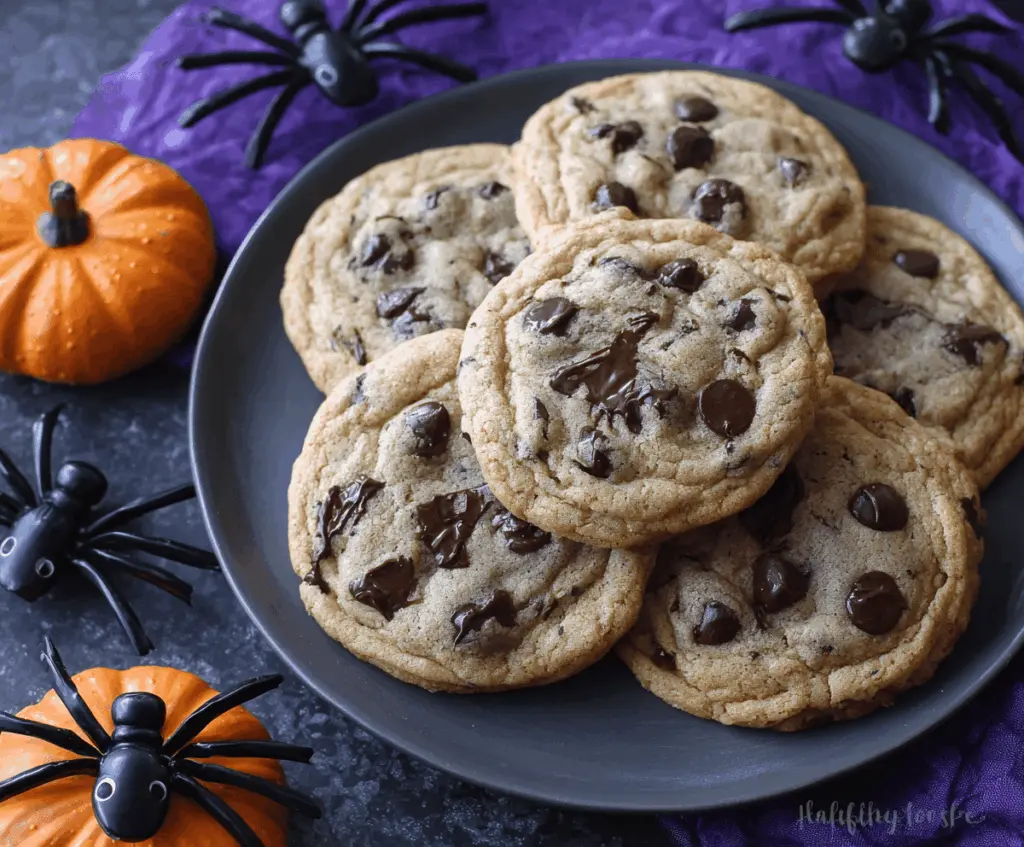 Delicious Halloween-themed chocolate chip cookies with spooky decorations, perfect for a festive treat