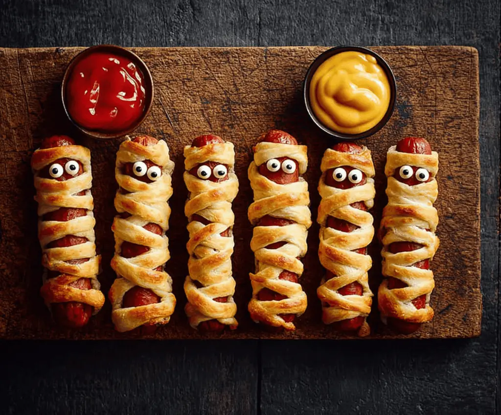 Creepy Halloween mummy sausages wrapped in dough with candy eyes on a spooky Halloween plate