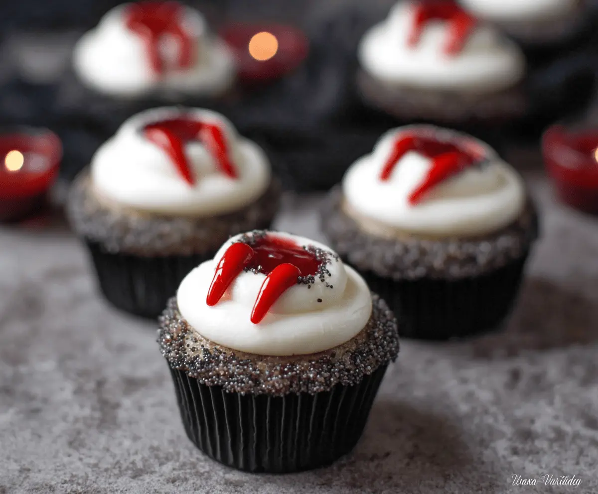Colorful Halloween Vampire Bite Cupcakes topped with red icing and spooky vampire fangs for a festive treat