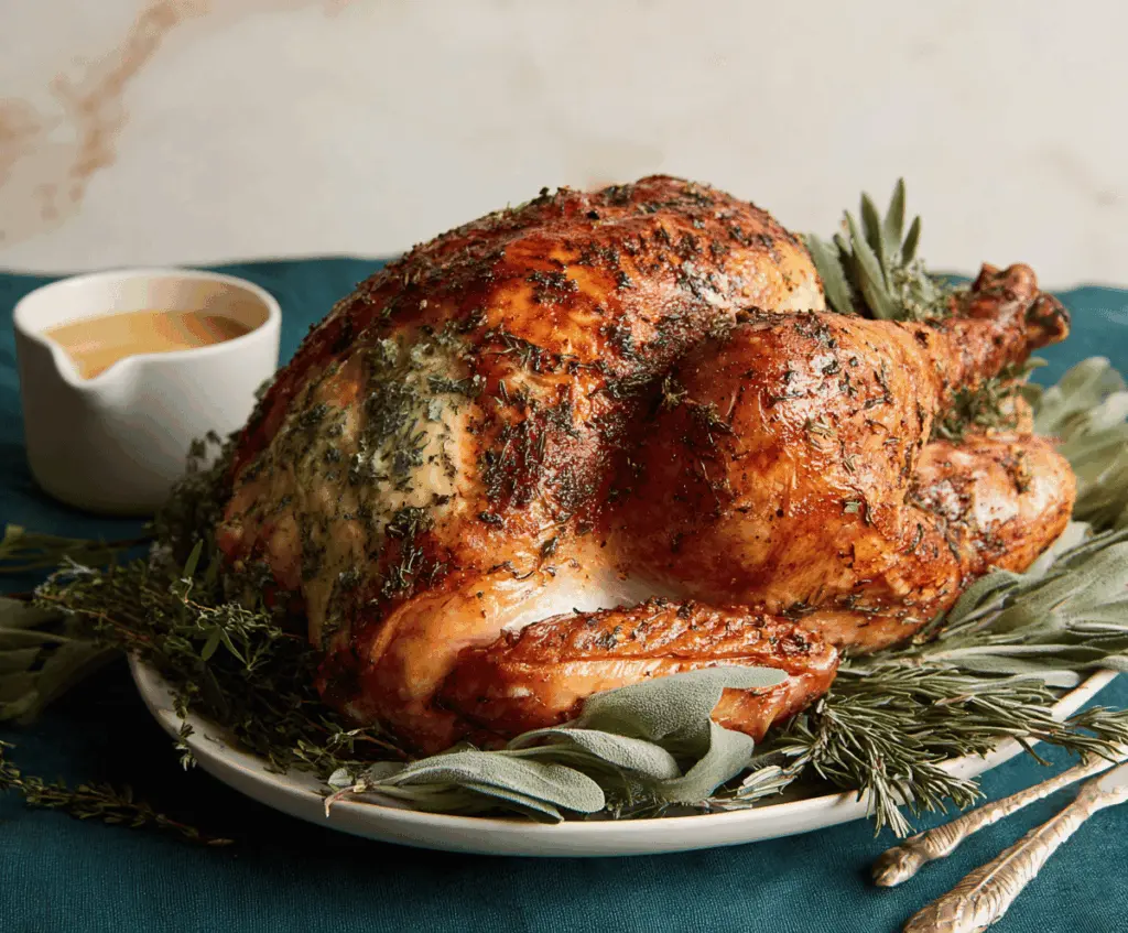 Juicy Herb Butter Roasted Turkey garnished with fresh herbs on a festive serving platter