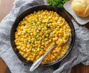 Creamy honey butter skillet corn served in a rustic dish with fresh herbs.