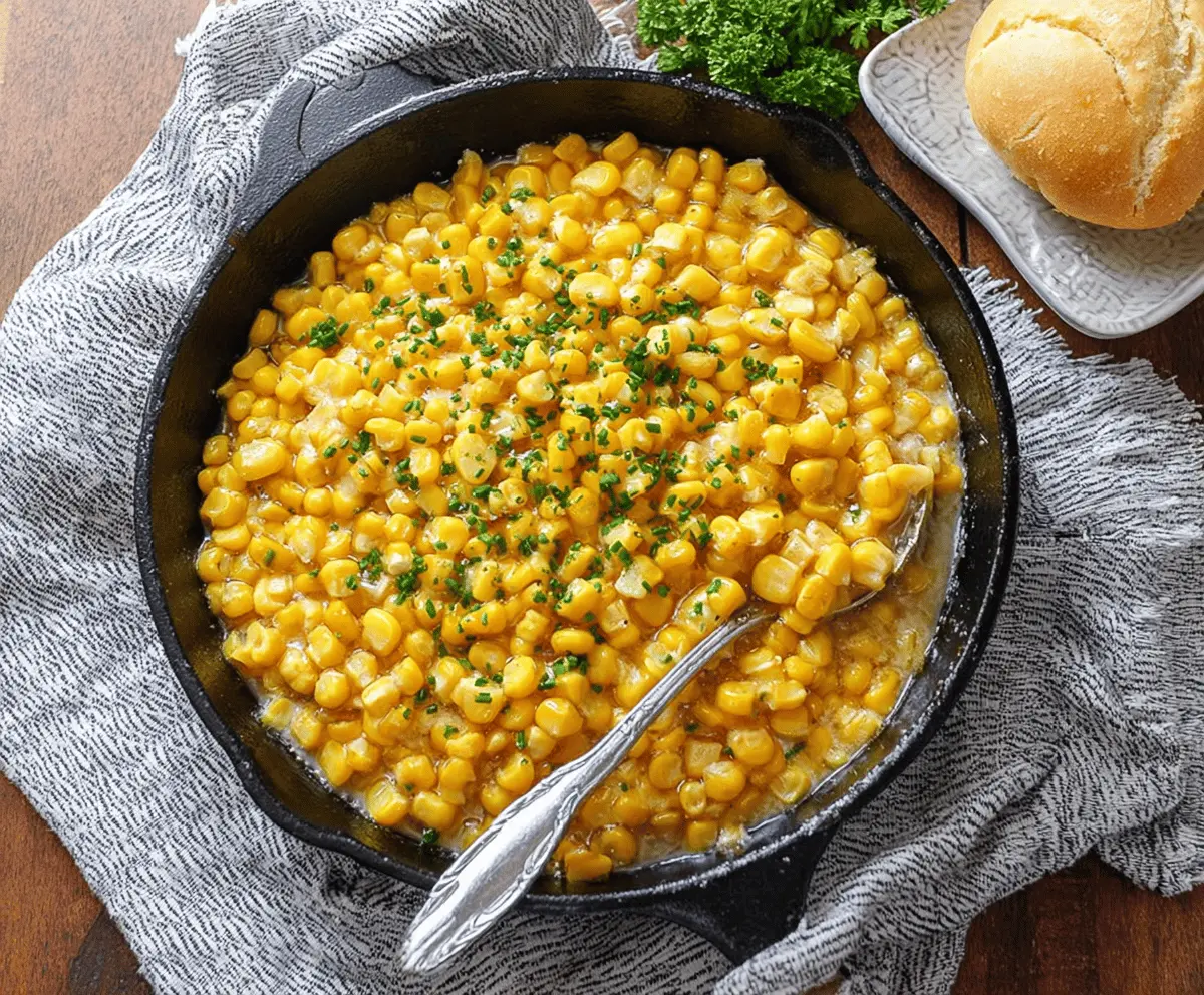 Creamy honey butter skillet corn served in a rustic dish with fresh herbs.