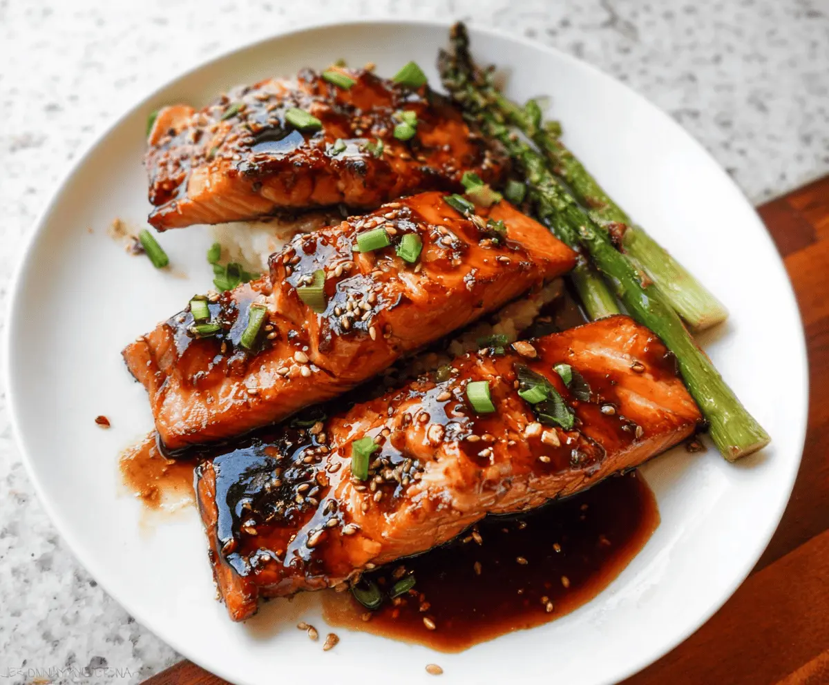 Delicious honey soy sauce glazed salmon fillet garnished with fresh herbs on a white plate, perfect for a healthy dinner.