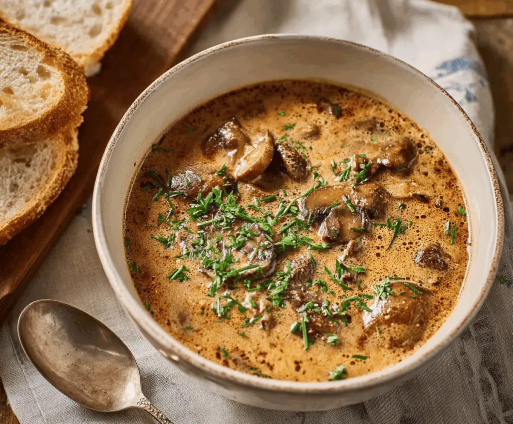 Creamy Hungarian Mushroom Soup served in a bowl with fresh herbs, featuring sautéed mushrooms, onions, and spices, perfect for a comforting and flavorful meal.