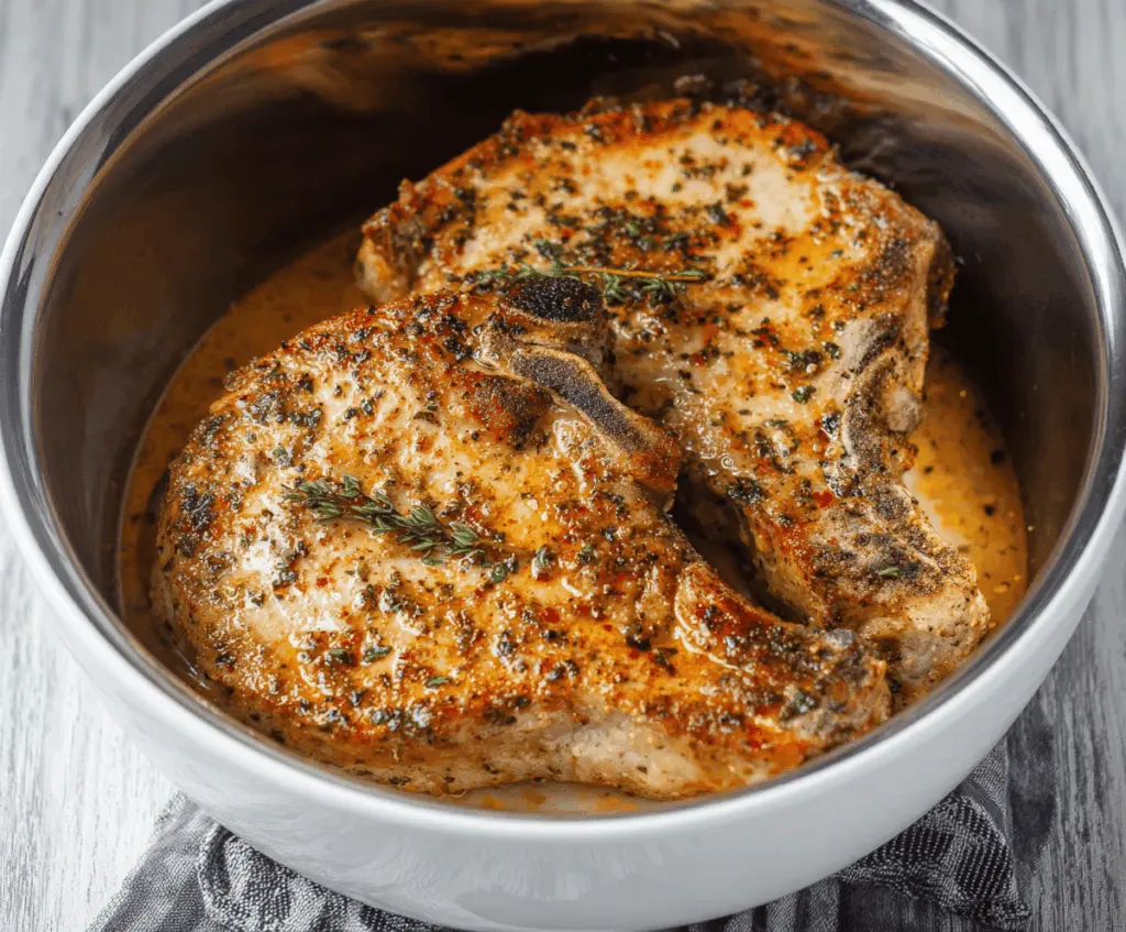 Juicy Instant Pot pork chops garnished with herbs served on a plate, perfect for a quick and delicious dinner