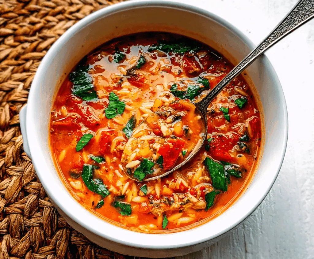 A steaming bowl of Italian Orzo Soup garnished with fresh herbs, featuring tender vegetables and flavorful broth, perfect for a comforting meal.