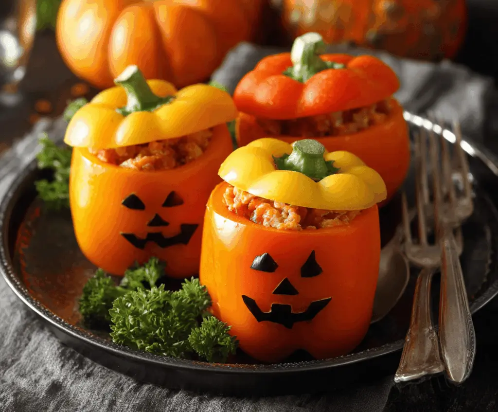 Colorful stuffed bell peppers carved into Jack-O’-Lantern faces, perfect for Halloween, filled with savory ingredients and served as a festive, healthy dinner option.