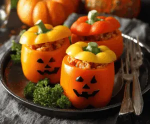 Colorful stuffed bell peppers carved into Jack-O’-Lantern faces, perfect for Halloween, filled with savory ingredients and served as a festive, healthy dinner option.