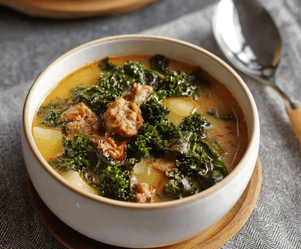 A steaming bowl of hearty Kale and Sausage Soup garnished with fresh herbs, featuring chopped kale, slices of sausage, and colorful vegetables in a flavorful broth.