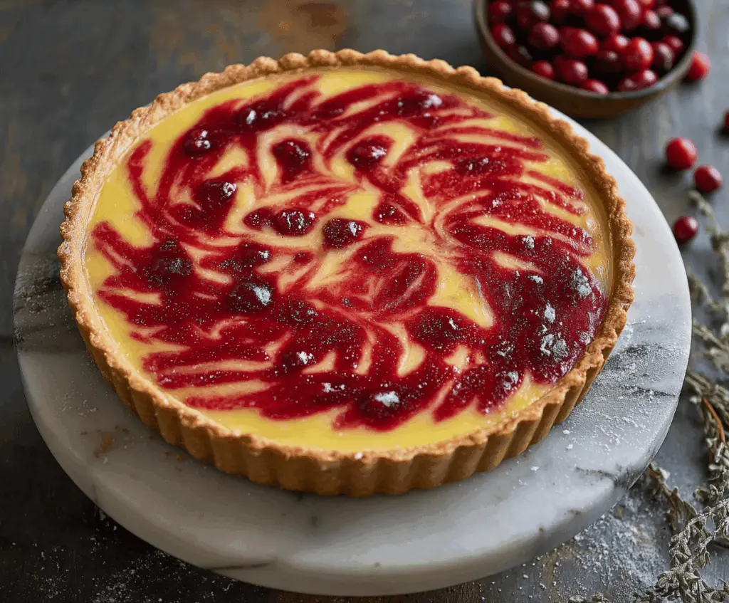 Fresh Lemon Cranberry Tart topped with zest and cranberries on a white plate, ready for serving