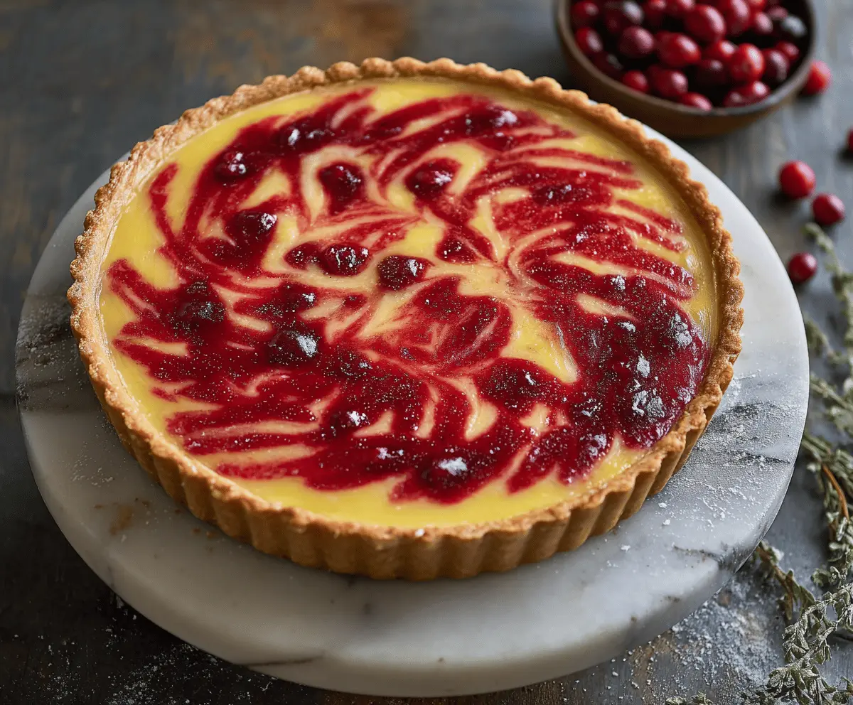 Fresh Lemon Cranberry Tart topped with zest and cranberries on a white plate, ready for serving