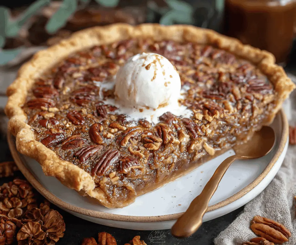 Delicious Maple Pecan Pie with golden crust and caramelized pecans on top
