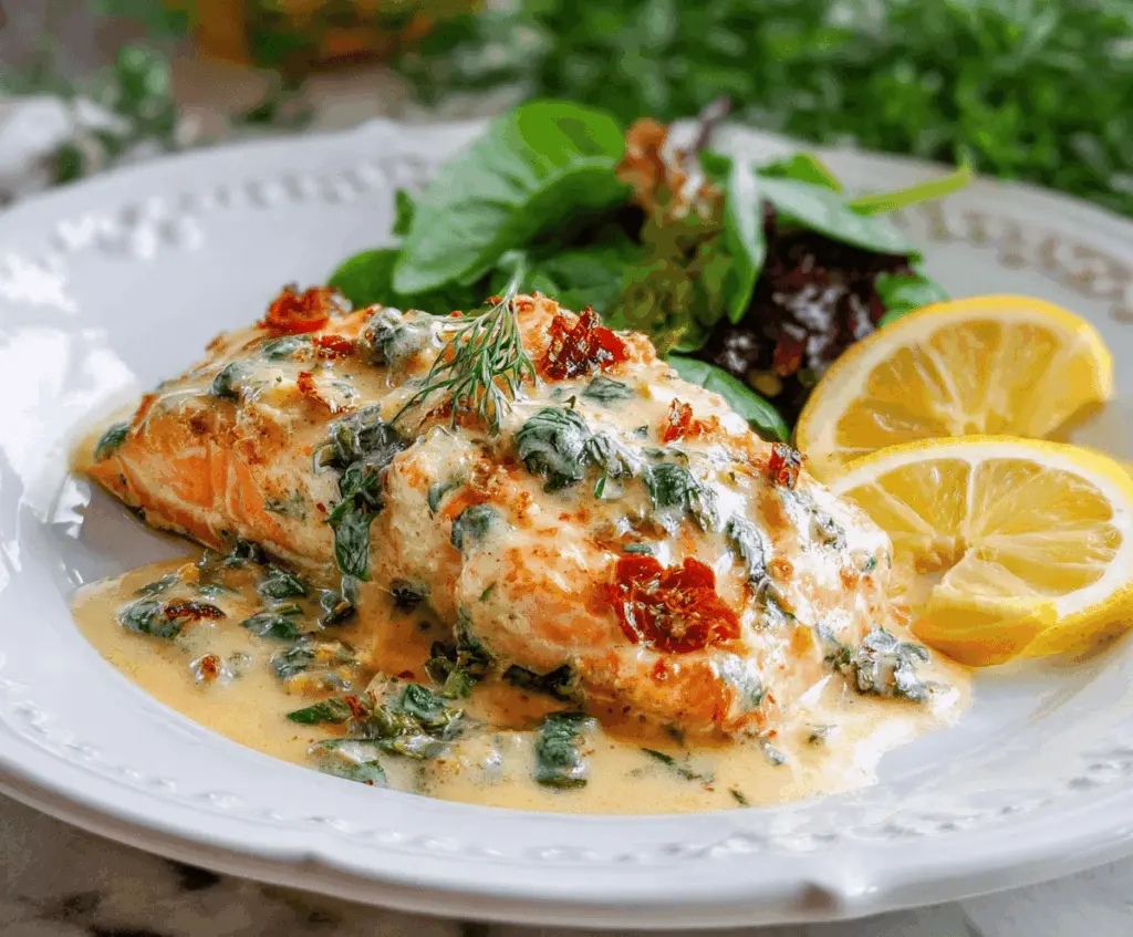 Creamy Herb Salmon topped with fresh herbs and drizzled with rich garlic butter sauce, served on a elegant plate for a romantic meal