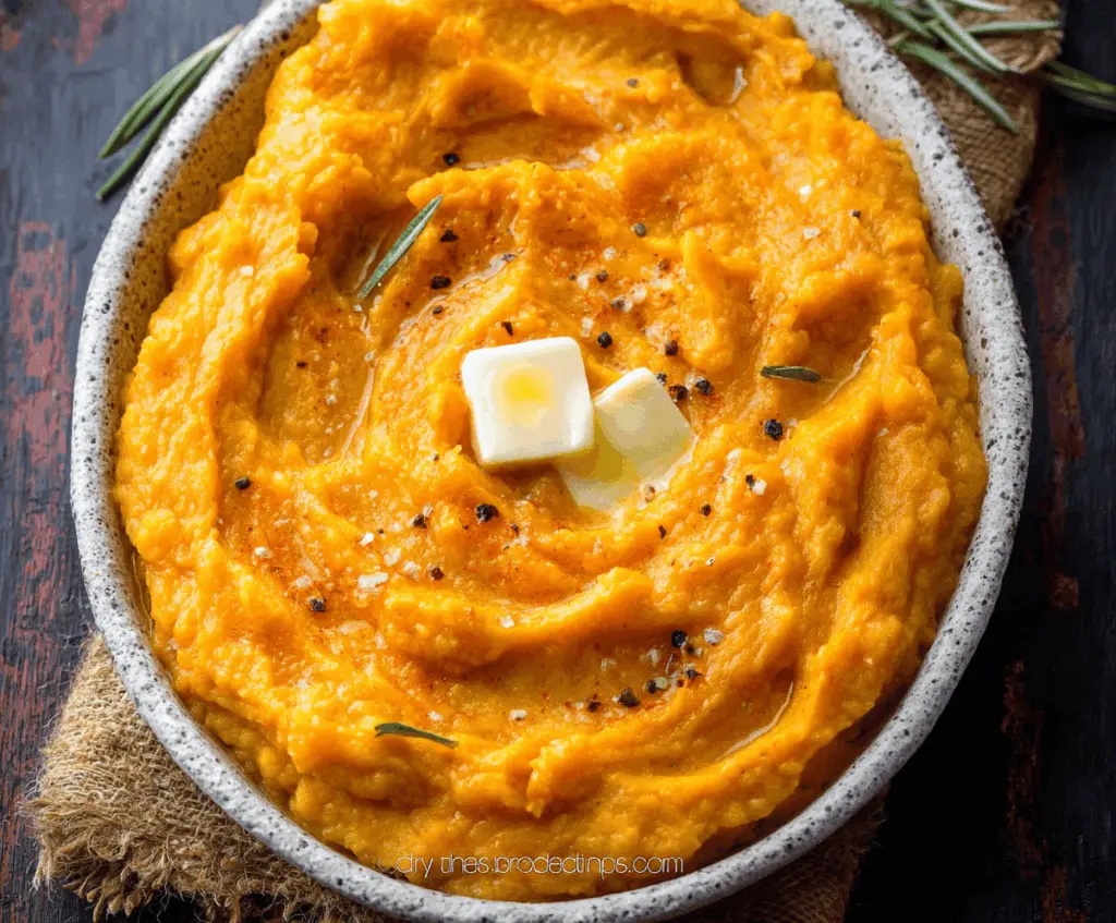 Creamy mashed butternut squash served in a bowl, garnished with fresh herbs, perfect for a healthy side dish.