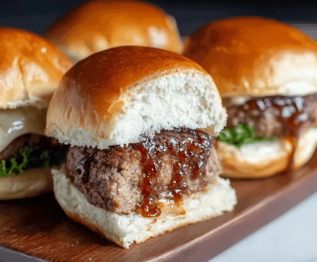 Delicious Meatloaf Sliders topped with melted cheese and fresh herbs on a toasted bun, perfect for a savory appetizer or main dish.