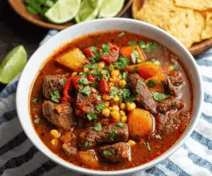 Hearty Mexican Beef Stew with tender beef chunks, vegetables, and flavorful spices served in a rustic bowl