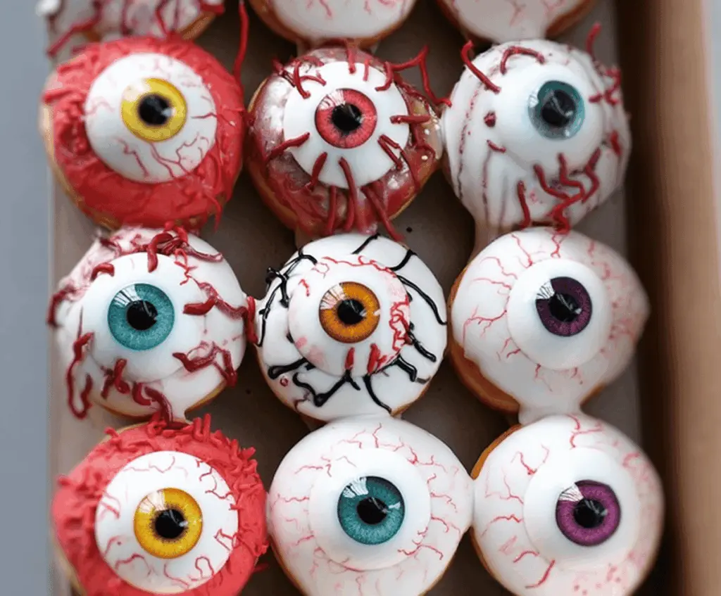 Colorful Monster Donut Eyeballs with vibrant frosting, googly eyes, and spooky decorations for Halloween treats