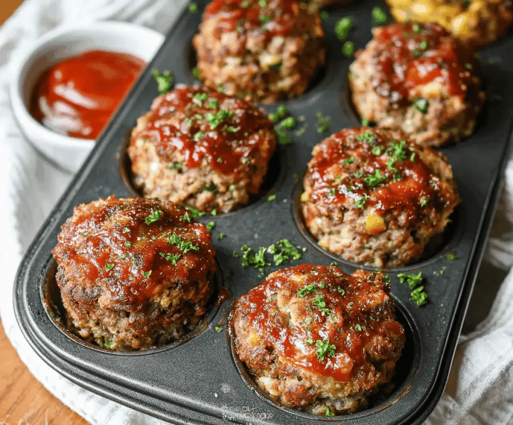 Delicious muffin tin meatloaf topped with ketchup and fresh herbs, served in a muffin tin for easy portion control
