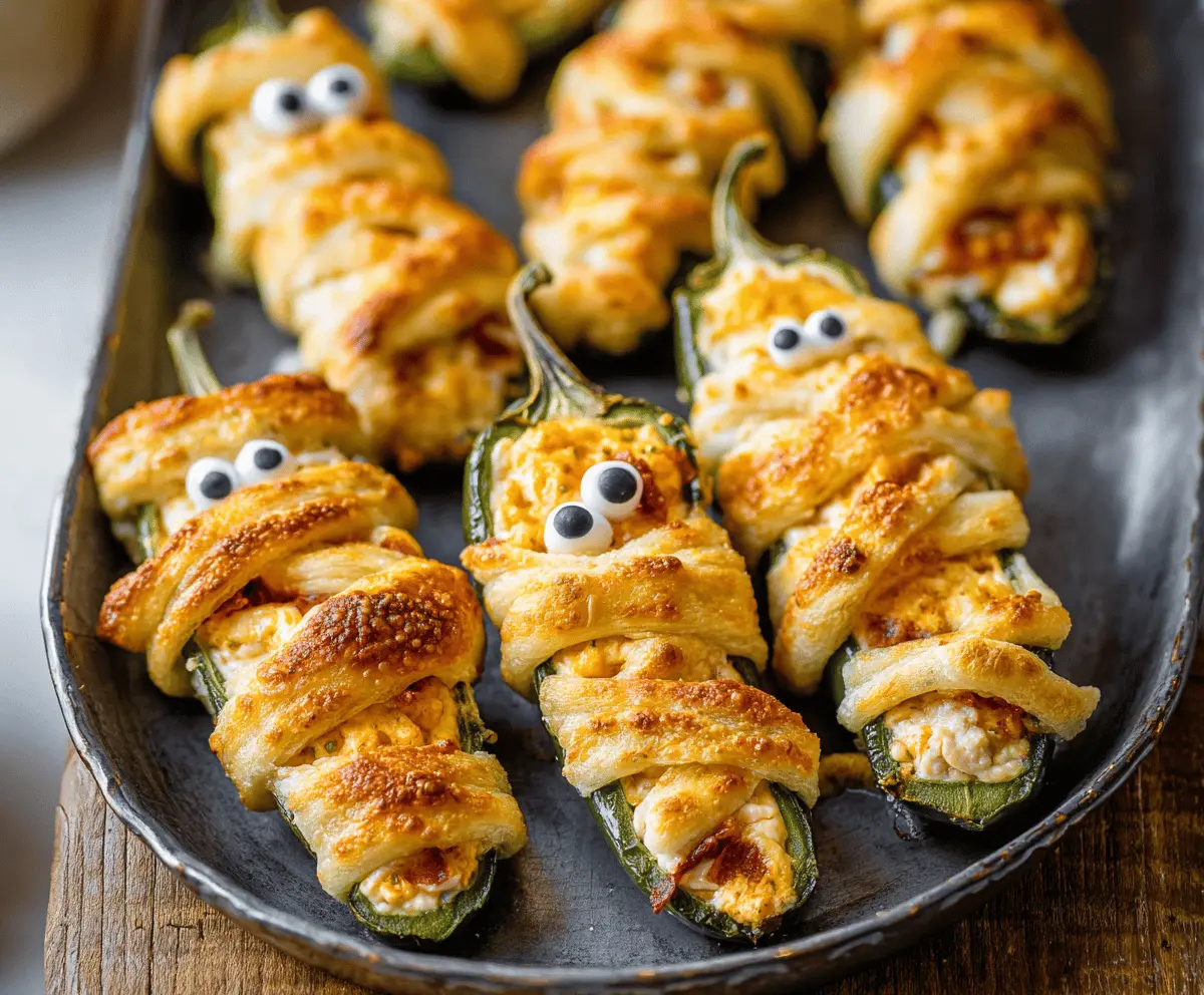 Spooky Mummy Jalapeño Poppers garnished with melted cheese and sliced olives, perfect for Halloween appetizers