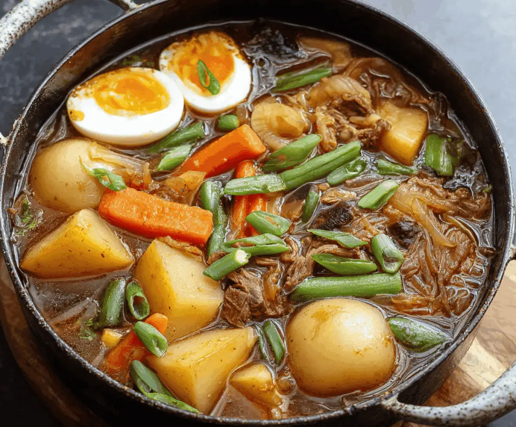 Delicious one-pot Japanese Nikujaga featuring tender beef, potatoes, carrots, and onions in a savory soy-based sauce served in a bowl.
