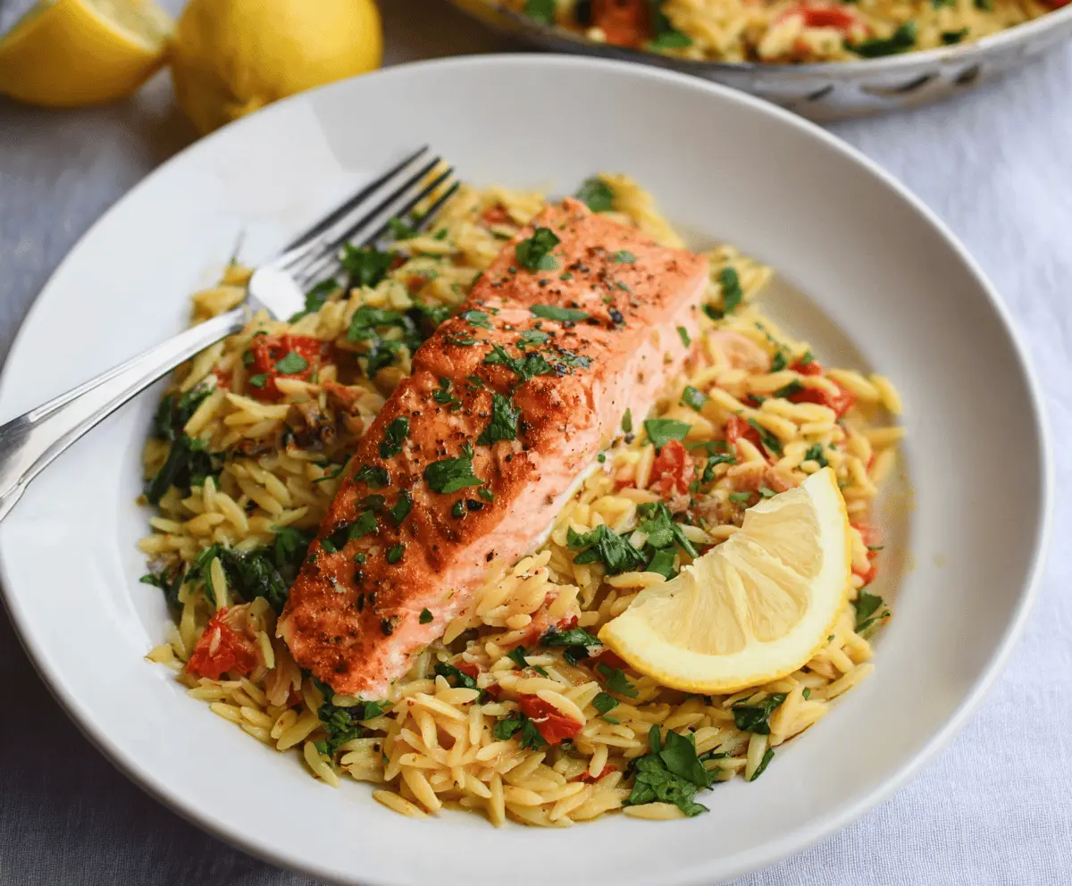 Delicious one skillet salmon with lemon orzo dish featuring perfectly cooked salmon fillet topped with fresh lemon slices and served alongside flavorful lemon-infused orzo pasta
