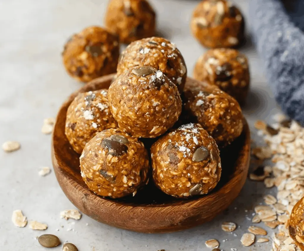 Delicious Paleo Pumpkin Protein Balls on a white plate, featuring a nutty, spiced snack made with pumpkin, nuts, and healthy ingredients for a nutritious, gluten-free treat.