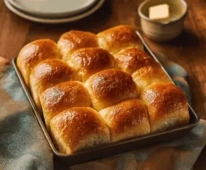 Freshly baked Parker House dinner rolls on a white plate, golden-brown and soft inside