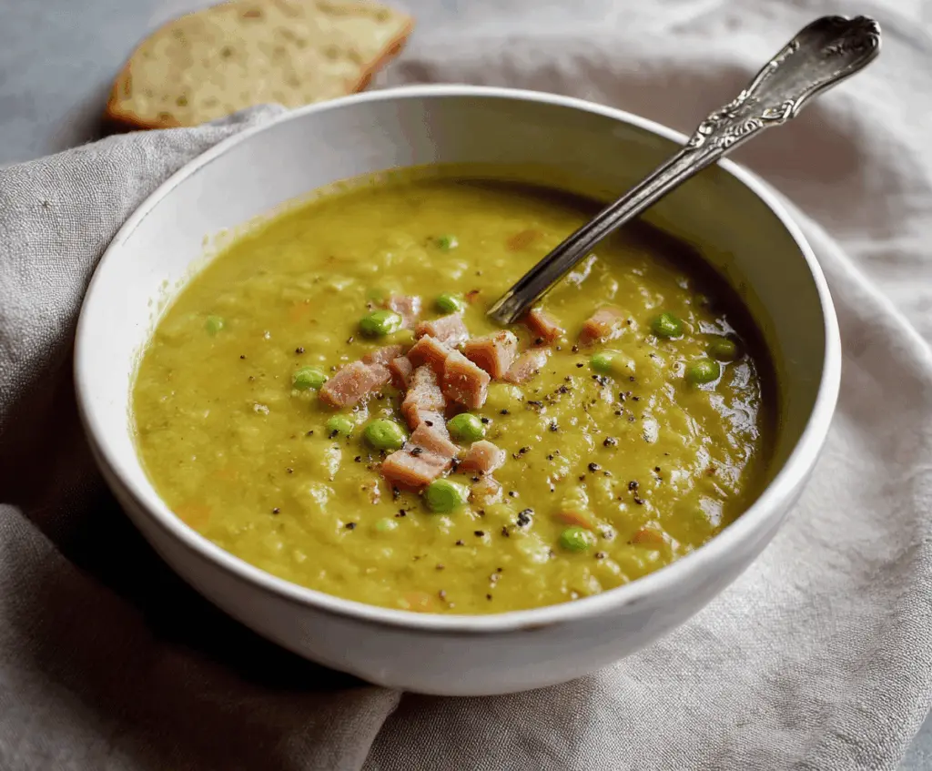 Creamy pea and ham soup garnished with fresh herbs in a rustic bowl, perfect for a comforting meal.
