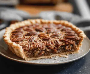 Delicious homemade pecan pie topped with caramelized pecans and a flaky golden crust, perfect for dessert.