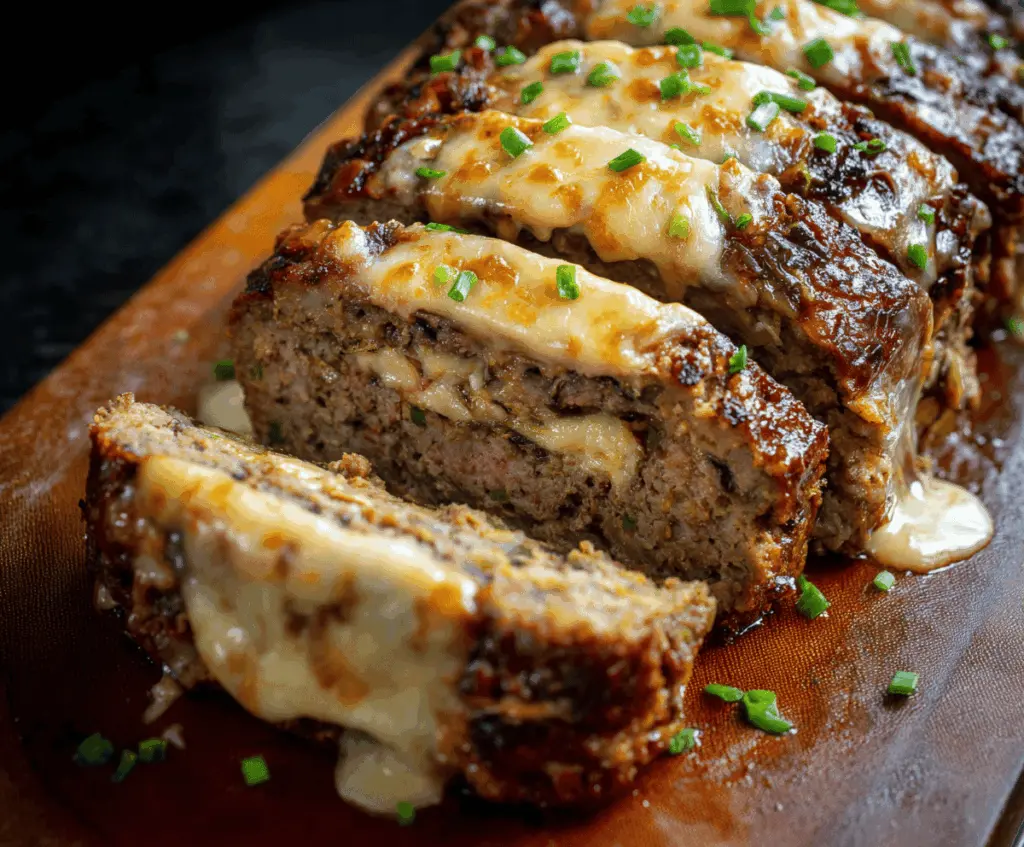 Delicious Philly Cheesesteak Meatloaf topped with melted cheese and sautéed peppers, served on a plate