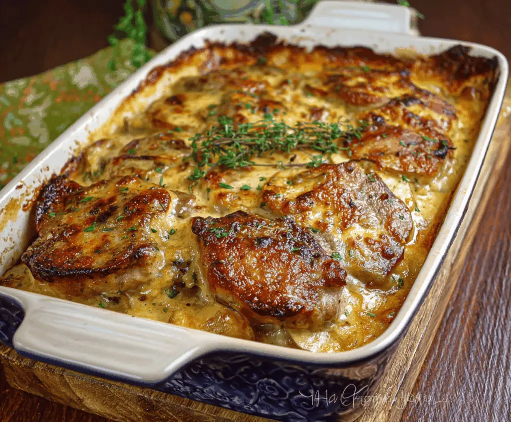 Delicious pork chops served with creamy scalloped potatoes casserole on a dinner plate.