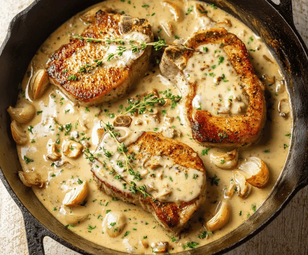 Juicy pork chops topped with a rich, creamy garlic sauce served on a white plate.
